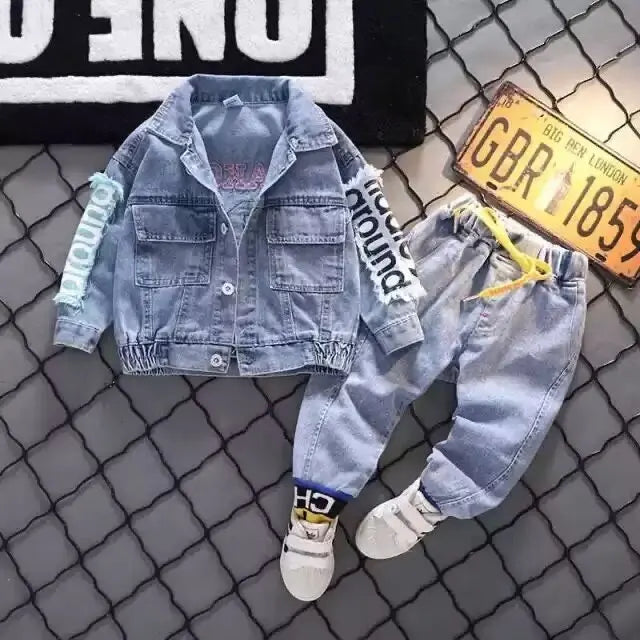 Fashion Teenage Boys Denim Clothes Set Autumn Children Jeans Jacket Pants Autumn Baby Boys Cotton Sport Suits