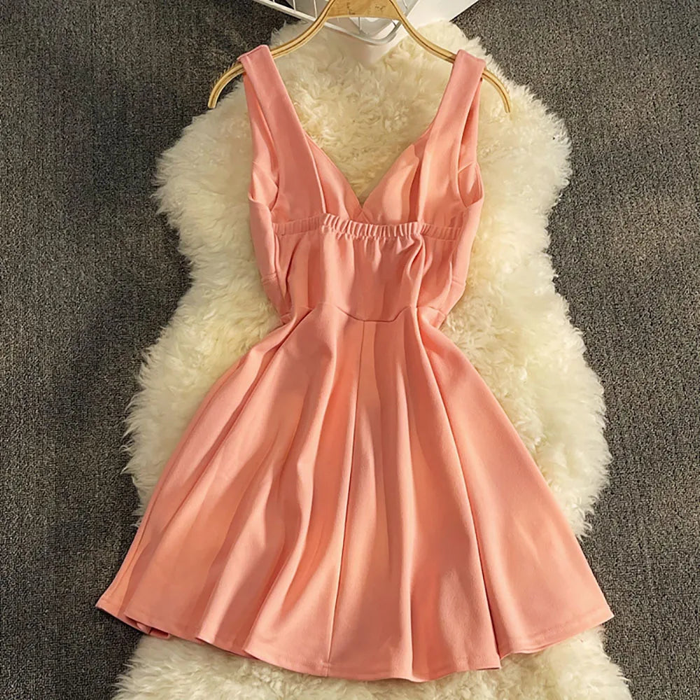 V-Neck Sleeveless Women's Black Dresses Sexy Spaghetti Strap Backless A-Line Mini Dress Fashion Solid Female Party Dress