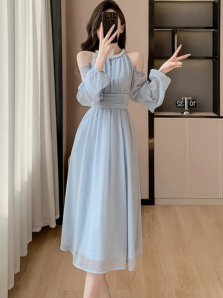 Women Blue Chiffon Off Shoulder Sexy Long Dress Spring Elegant Chic Diamonds Casual Dress  Korean Fashion Bodycon Prom Dress
