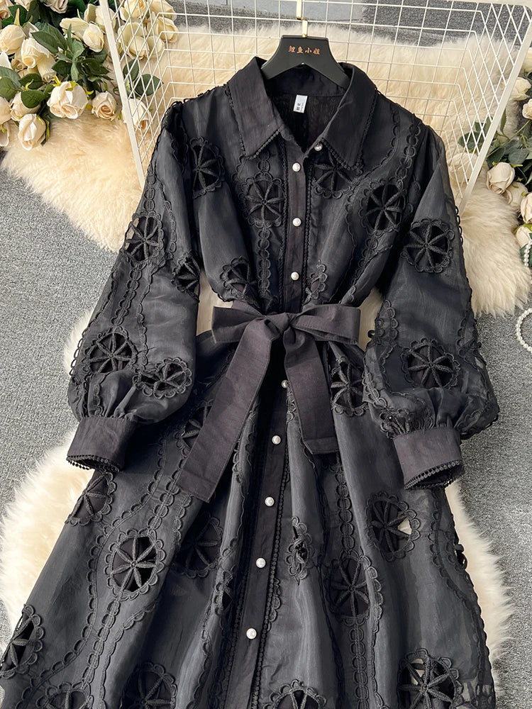 Sweet Style Women's Dress Embroidery Hollow Out Single-breasted Puff Long Sleeve Vestidos Winter Spring 2024 New