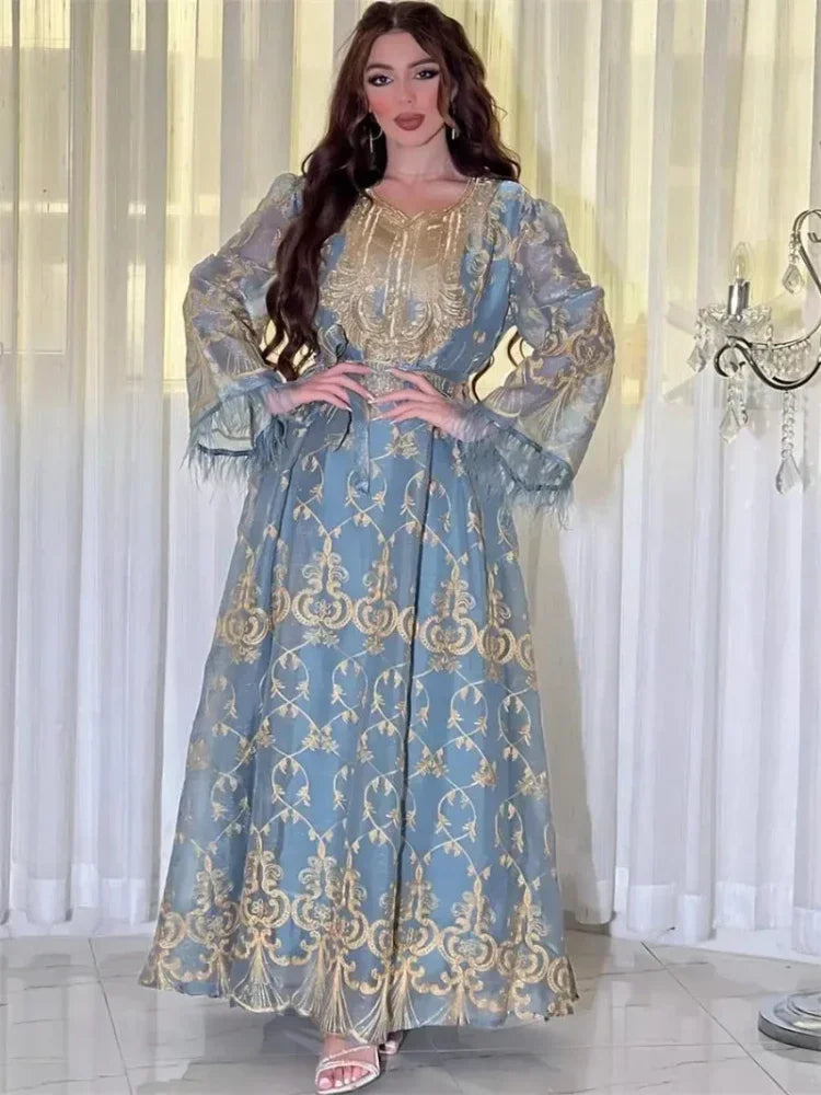 Muslim Ramadan Ethnic Floral Embroidery Beading Feathers Patchwork Long Sleeve V-Neck Dress woman With Sashes Djellaba Abaya