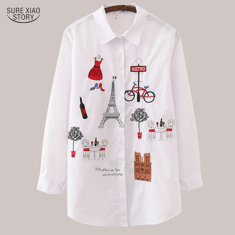 White Women Blouse Long Sleeve Cotton Embroidery Blouse Lady Casual Button Design Turn Down Collar Female Shirt