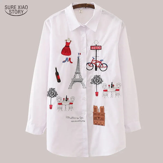 White Women Blouse Long Sleeve Cotton Embroidery Blouse Lady Casual Button Design Turn Down Collar Female Shirt
