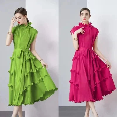 Elegant Pleated Dress For Women's Ruffles Stand Collar Sleeveless Belt High Waist A-Line Dress  Fashion New Clothing