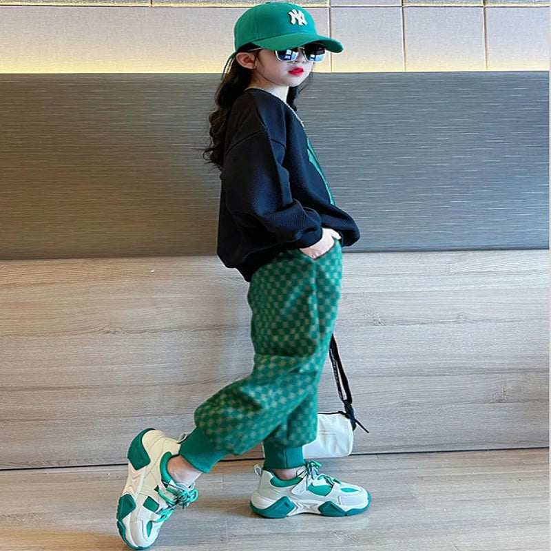 Spring Autumn Active Kids Clothes Girl Cotton Sport Tracksuit Long Sleeve Sweatshirt+Geometric Pant 2Pcs Outfit 6 8 12 14Y