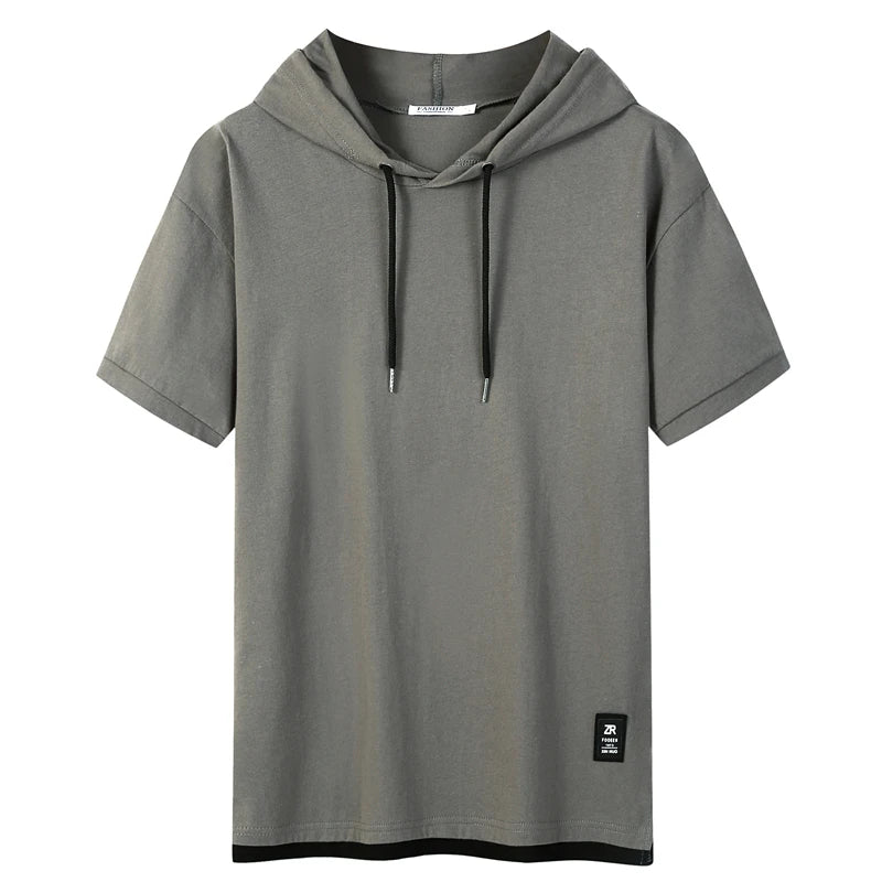 False Two Short Sleeve T-shirt Men's Hoods Casual Loose Summer New Solid Color Stitching Cotton Top Tee
