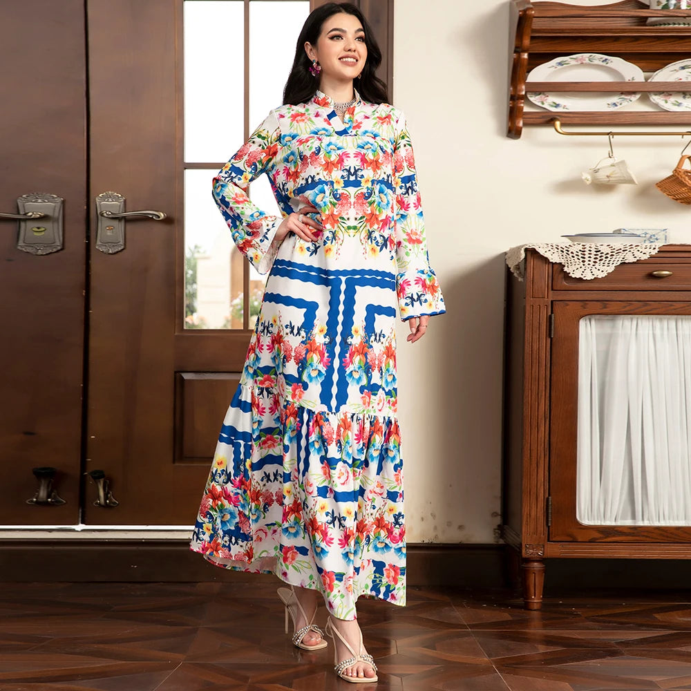 Flared abaya Sweet Long Dresses for Women V-neck, Color contrast Splicing  Sleeve Female A-line Skirt Kaftan