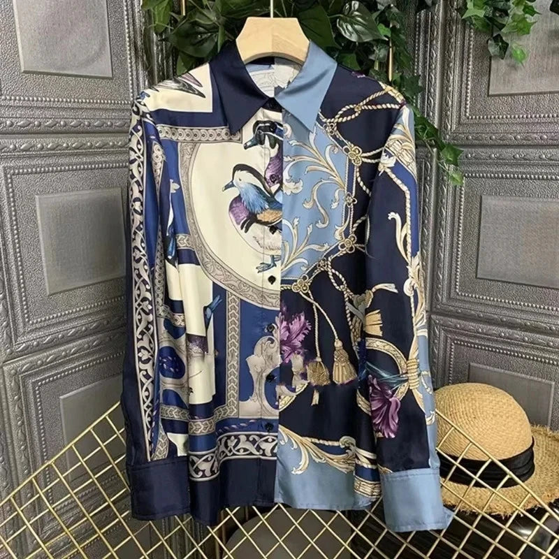Women Spring Summer Satin blouses Blouses Shirt Lady Casual Long Sleeve Turn-down Collar Print Slim Tops