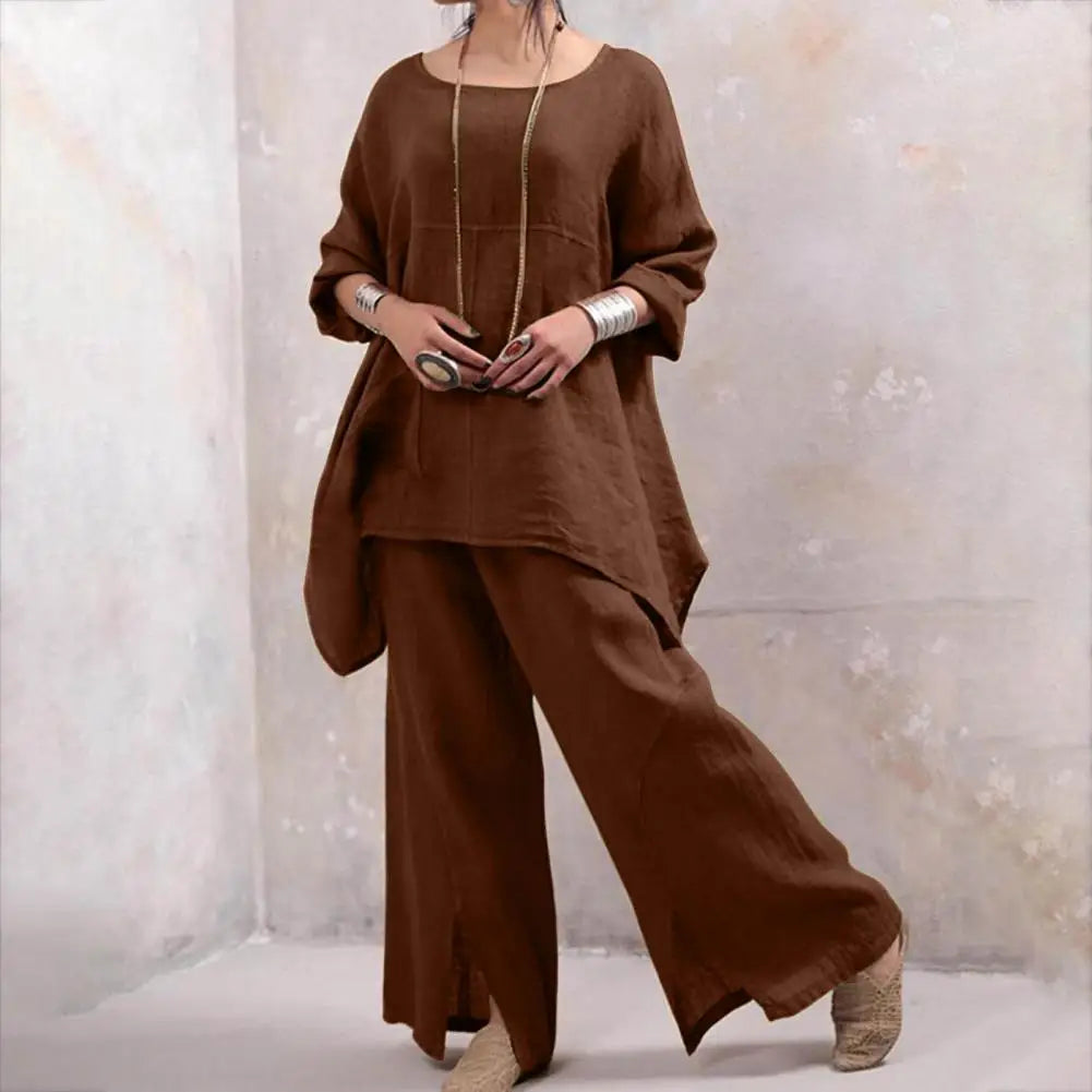 Loose Fit Pants Suit Stylish Women's Top Pants Set with Irregular Hem Wide Leg Trousers Soft Breathable Fabric 2 for Comfort
