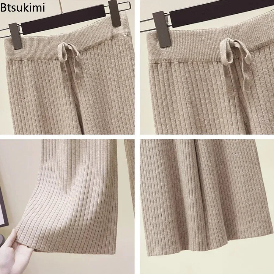 Drape High Waist Wide Leg Pants for Women Autumn Winter Casual Loose Knit Straight Leg Pants Lace-up Women Solid Trousers