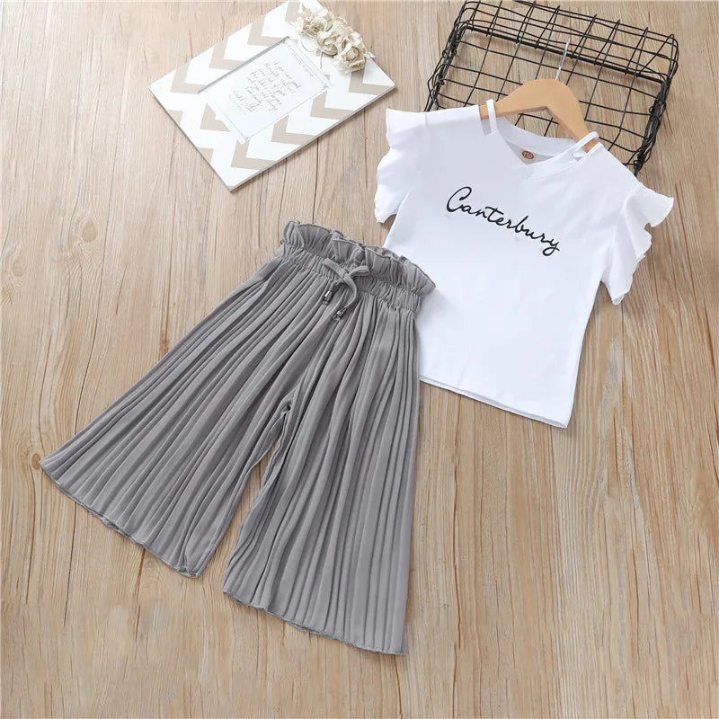 Summer  Girls Clothing Sets Kids T-shirt +Wide Leg Pants Suits Children Short Sleeve Baby Girl Clothes 5 6 7 8 9 10 12 Years