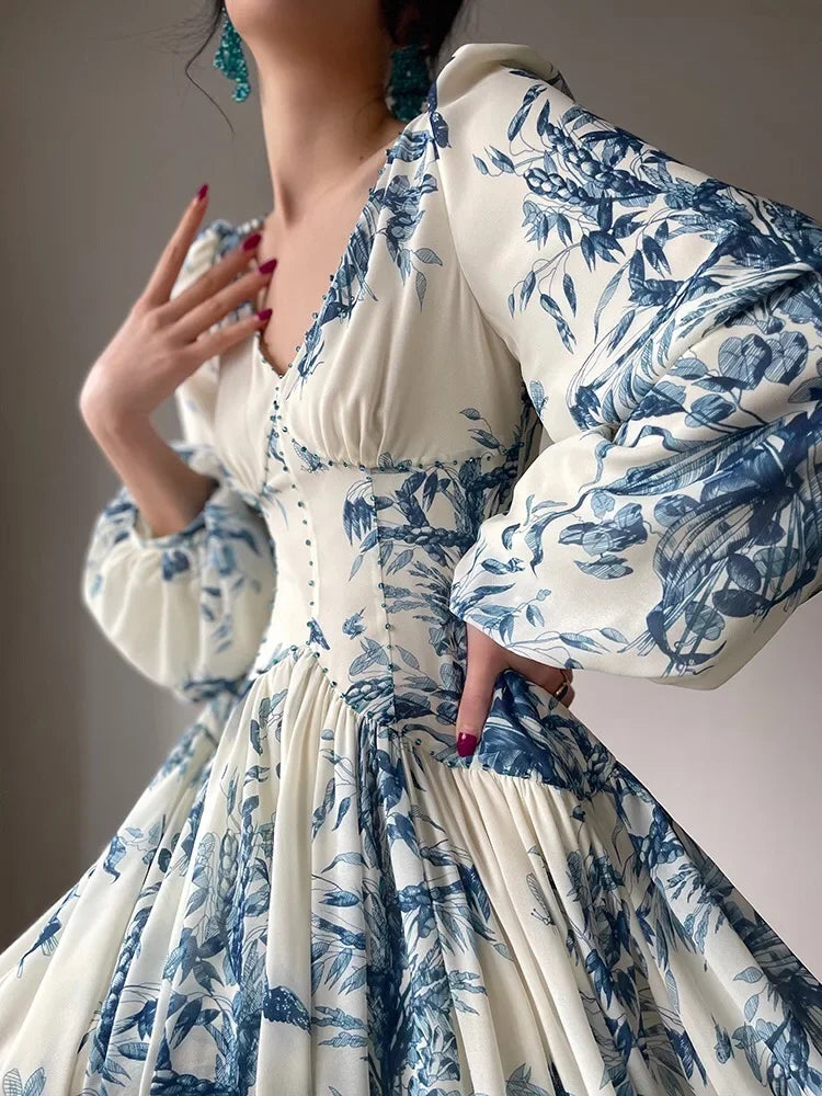 French Summer Midi Fashion Floral Beading High Waist A Line Party Dresses Women Vintage Elegant Lantern Sleeve Chic Casual Dress
