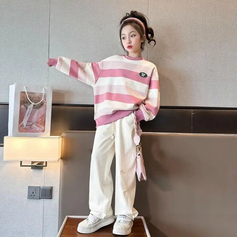 Spring Autumn Fashion Kid Girls Clothes Sports Suit Kids Clothes Girl Striped Sweatshirt Top Long Trousers 2 Piece Set 7-14 Year