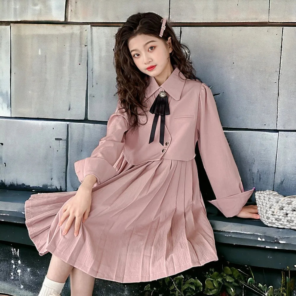 Baby Kids School Outfits Girls Pink Dress Kids Party Dresses Spring Autumn Long Sleeve Children's Clothing