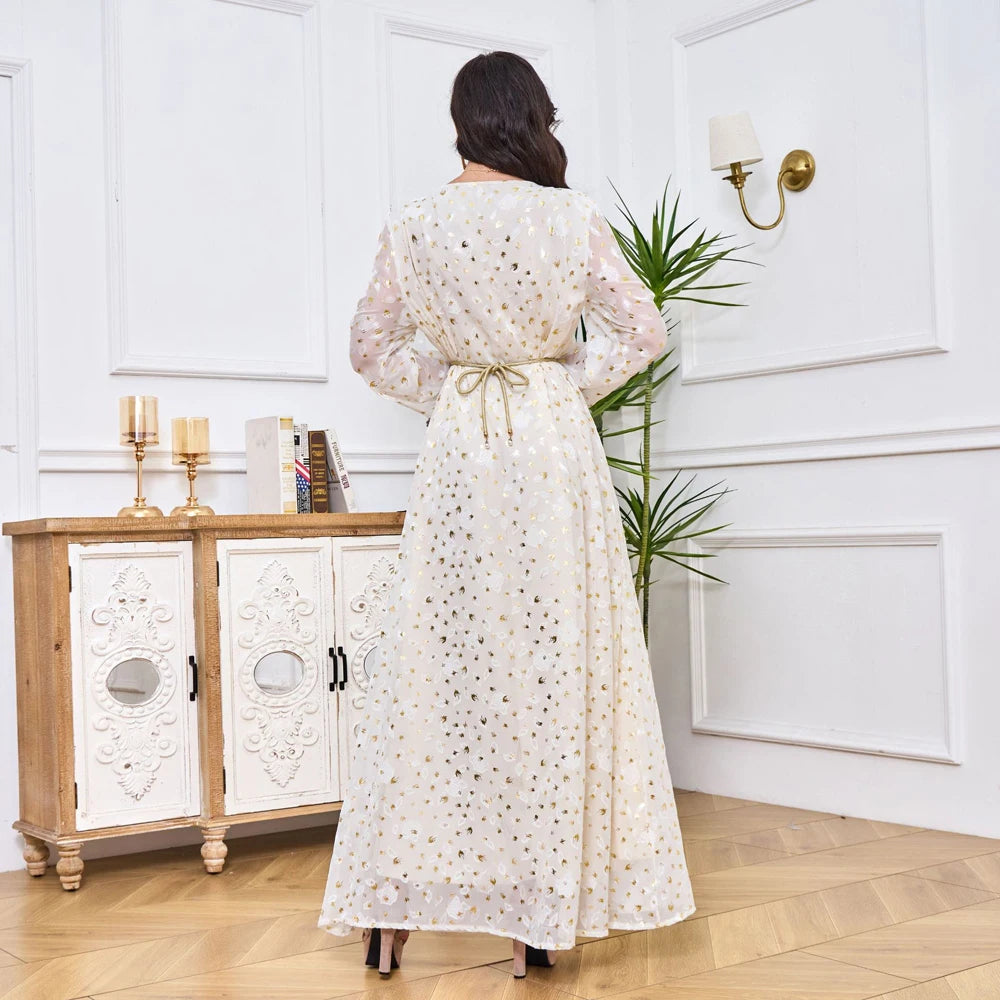 Moroccan Caftan Woman White Long Sleeve Robe Muslim Women Clothing Abaya Luxury Dubai Maxi Evening Wedding Party Dress