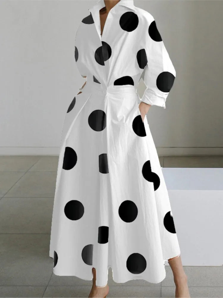 Autumn Turn-down Shirts Midi Dress Long Sleeves , Elegant Pockets Commute