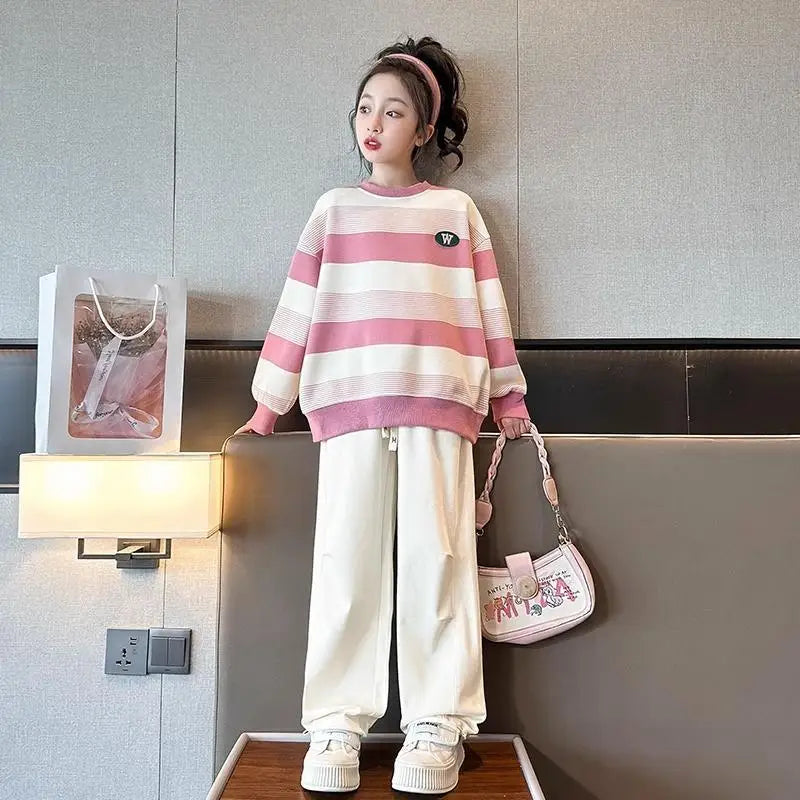 Spring Autumn Fashion Kid Girls Clothes Sports Suit Kids Clothes Girl Striped Sweatshirt Top Long Trousers 2 Piece Set 7-14 Year