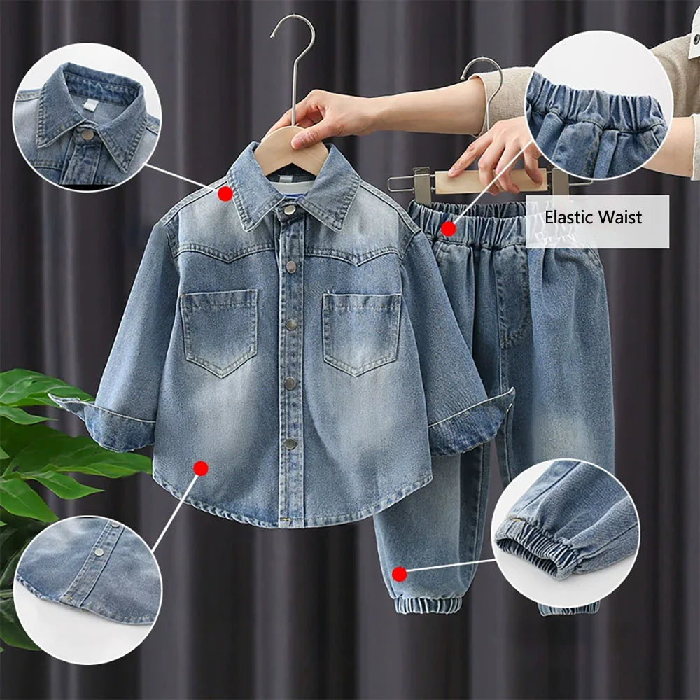 Boys Denim Coats Suit Spring Autumn Kids Long Sleeve Denim Shirts+Loose Jeans Pants Two-Piece Set Children Clothes