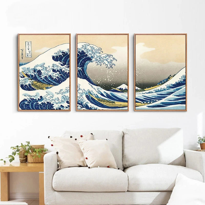 Japanese Wave Kanagawa 3 Panels Canvas Paintings Traditional Wall Art Posters and Prints Pictures For Living Room Home Decor