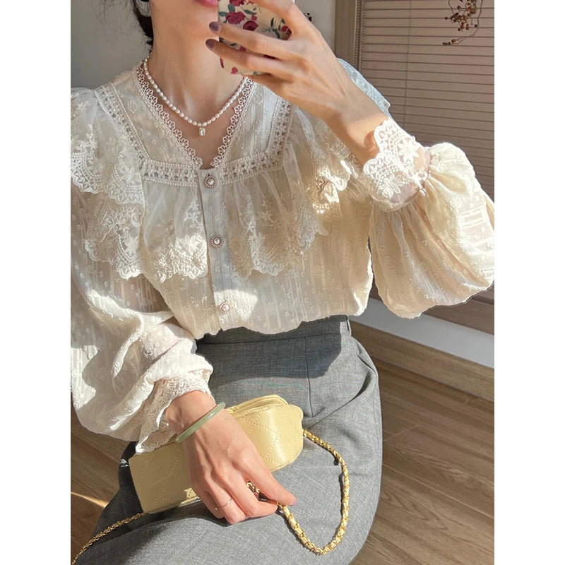 French Women Shirts Lace Lolita Elegant Long Sleeve Flounce Blouse High Quality  Chic Female Tops