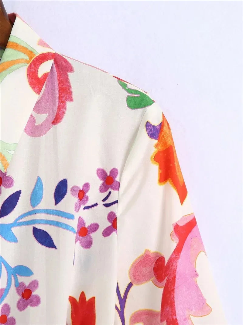 Women Green Floral Midi Dress With Belt Vintage Three Quarter Sleeve Dress Female Outwear Vestidos