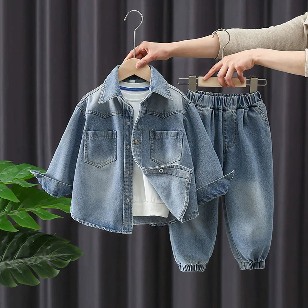 Boys Denim Coats Suit Spring Autumn Kids Long Sleeve Denim Shirts+Loose Jeans Pants Two-Piece Set Children Clothes