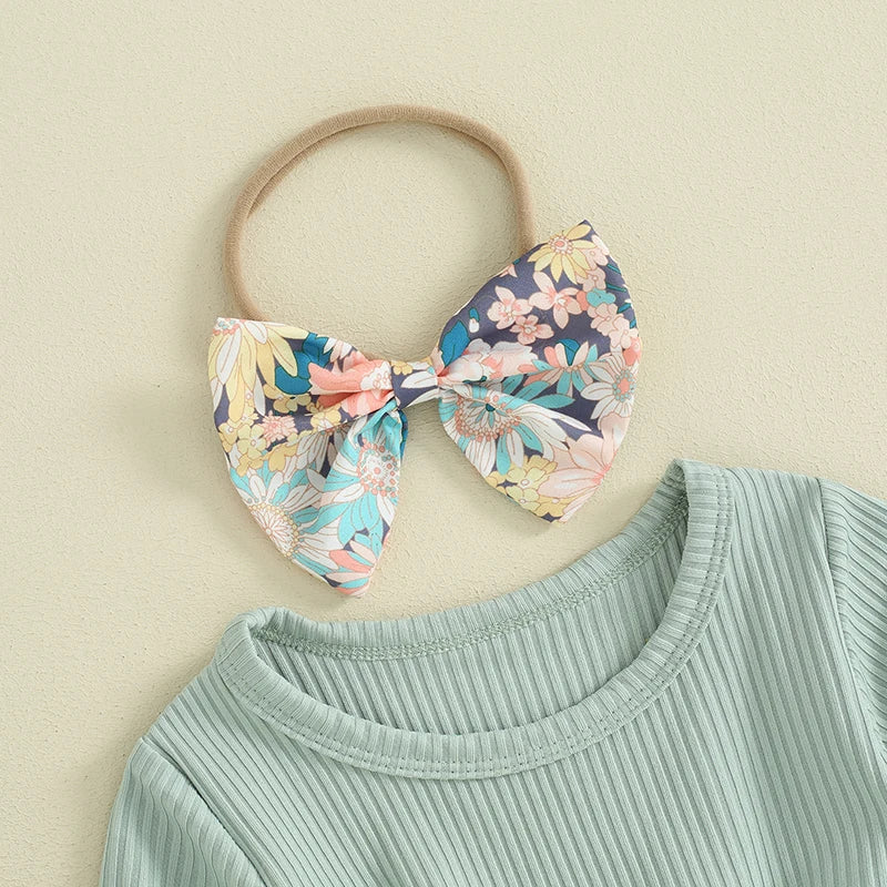 Toddler Girls Clothes Two Piece Outfits Floral Ribbed Patchwork Short Sleeve Princess Dress and Headband Summer Clothing