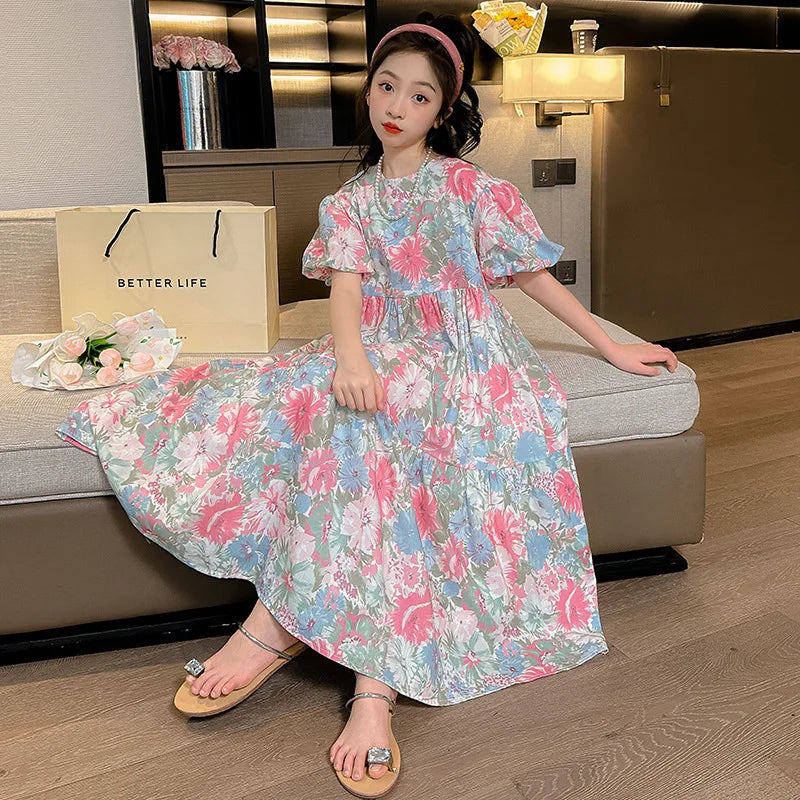 Summer Girls Printed Dress Puff Sleeve Casual Long Floral Pincess Dresses for Kids Teenage Children Clothes