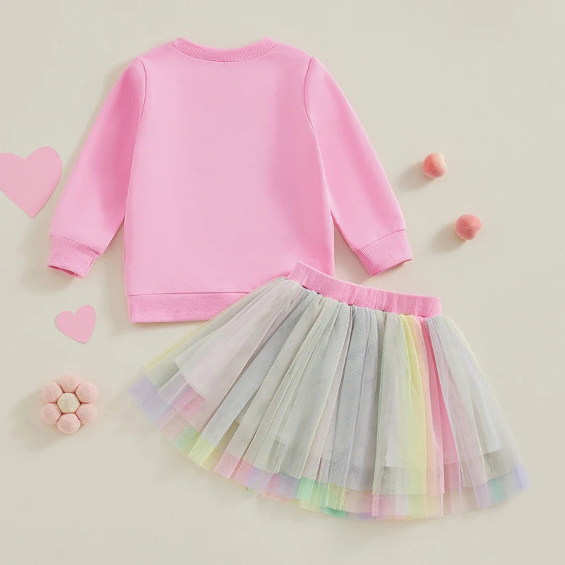 Wankitoi Toddler Kids Baby Girl Easter Outfit Long Sleeve Letter Embroidery Sweatshirt Tulle Tutu Skirt Baby Spring Clothes