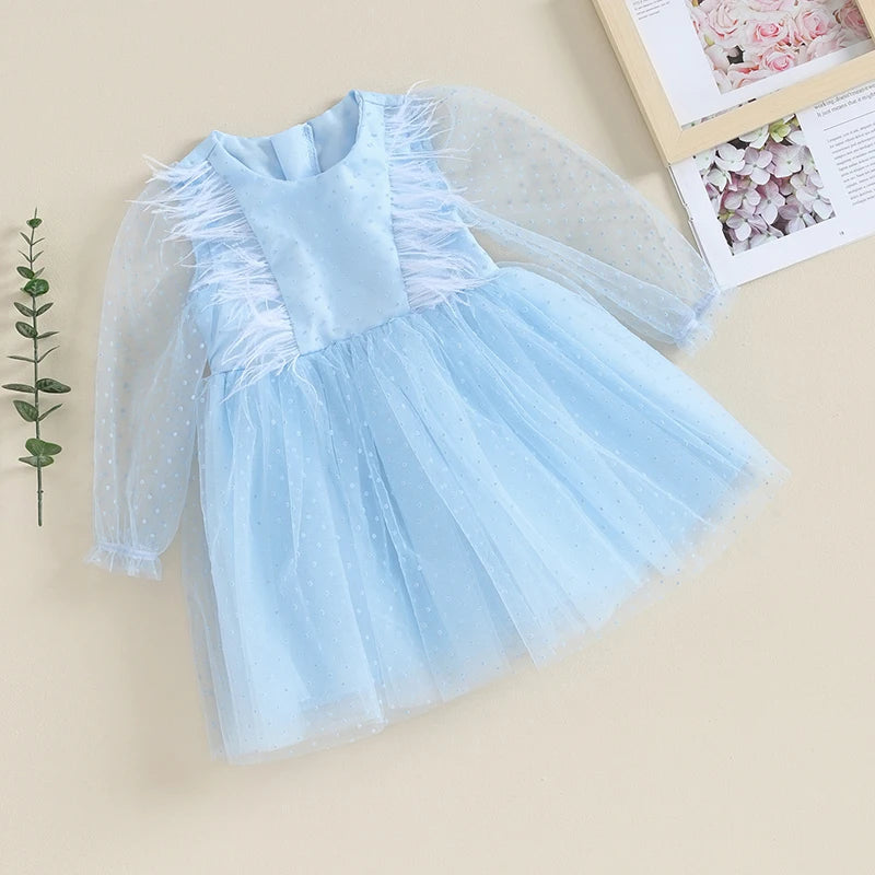 Infant Girl Princess Dress Long Sleeve Feather Trim Mesh Tutu Tulle Elegant Party Autumn Spring Fall Winter Zipper