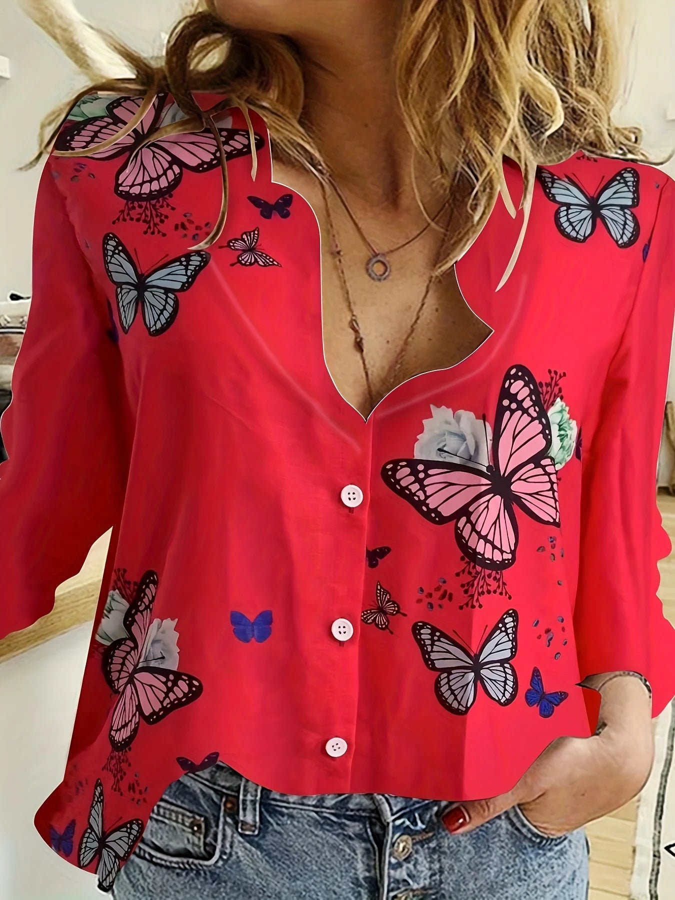 Fashion Retro Butterfly Group Print Long Sleeve Blouse  Spring Spring Lapel Button Casual Blouse Ladies Home Shirt