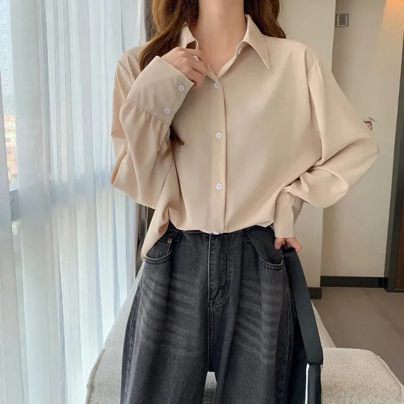 Women Chiffon White Shirt Korean Fashion Loose Long Sleeve Tops Casual Shirts Spring