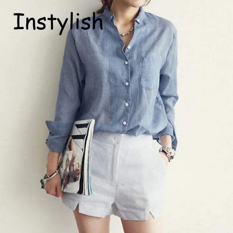 Women  Korean Solid Cotton and Linen Blouse Vintage Solid Thin Loose Shirt  Casual Long Sleeve Korean Tops