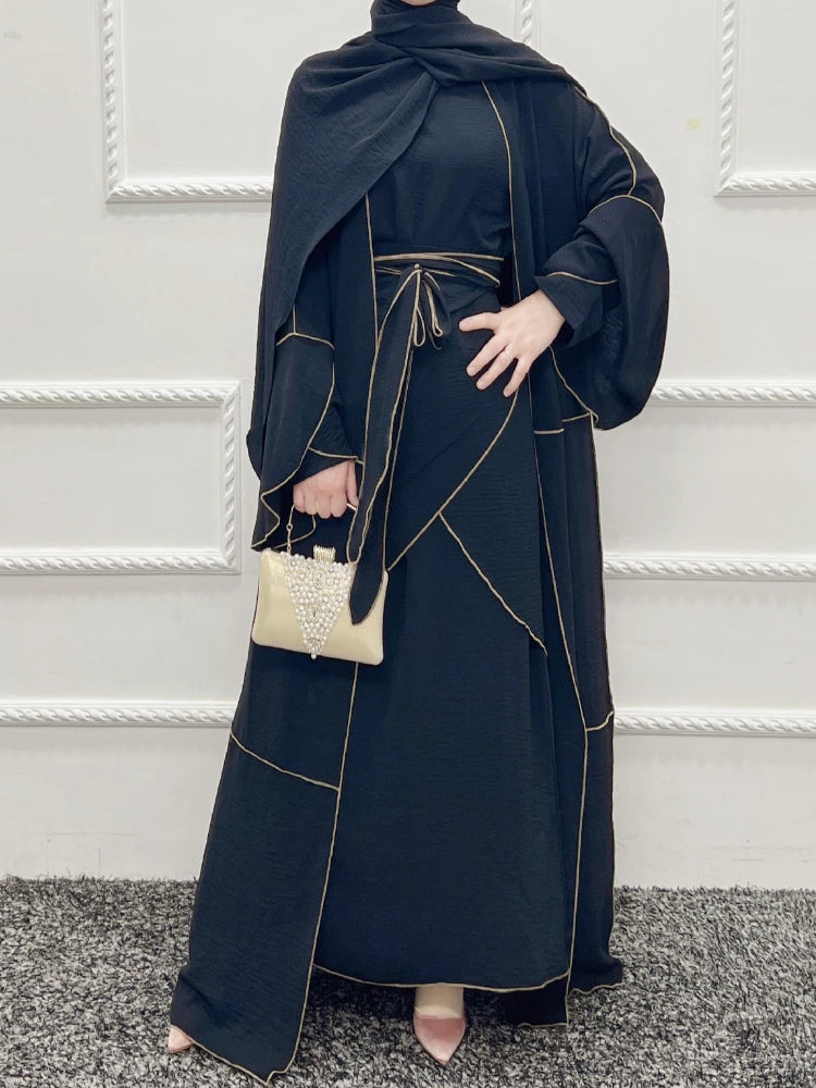 Muslim Sets 3 Piece Abaya Set Matching Outfit Open Abayas for Women Jilbab Hijab Dress + Wrap Skirt Islam Clothes