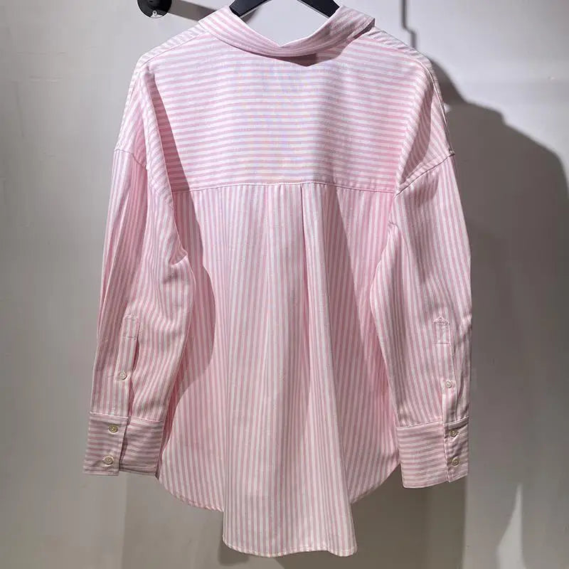Women's Chic Pink Striped V-neck Single Breasted Shirt Basic Casual Versatile Loose Blouse Female Blusas Tops