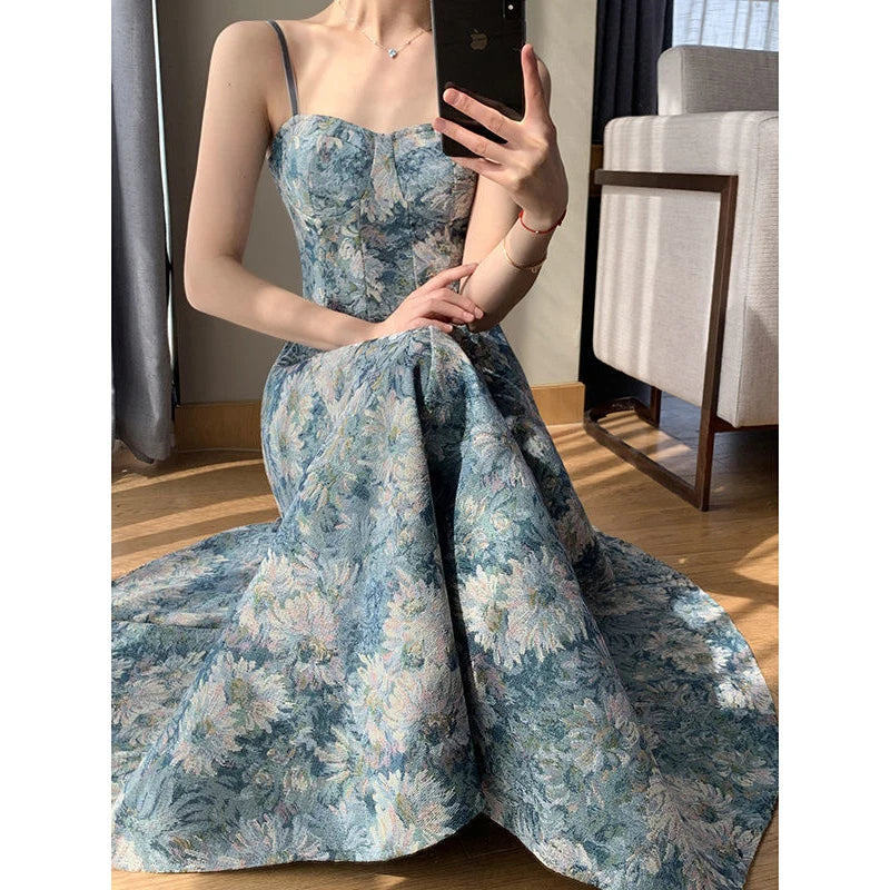 Elegant Floral Dress Women Sexy Sleeveless Strap Midi Dress Korean Casual Slimming Waist Party Camisole Dress Summer New