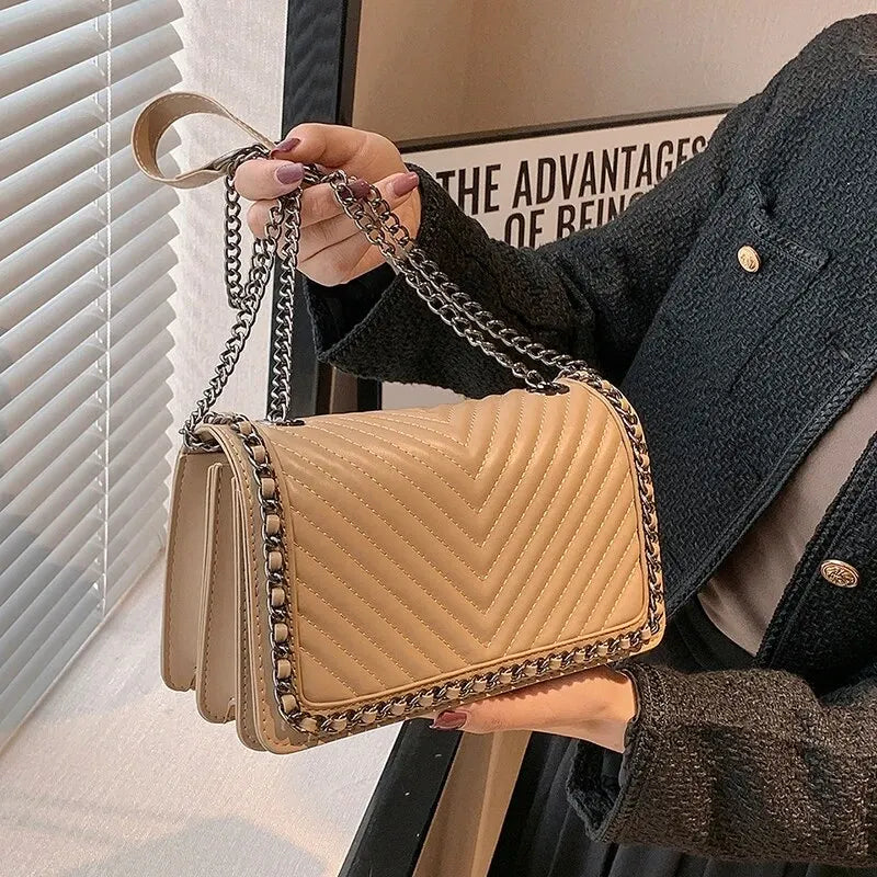 Simple Small Square Bag With Chain Decoration V Embroidery Thread Single Shoulder Crossbody Bag