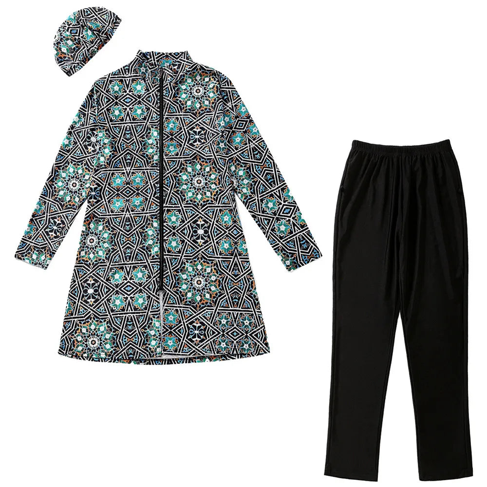 Modest Women Swimming Suit  Printing Muslim Full Cover Zipper 3pcs Hijab Long Sleeves Sport Swimwear Islamic Burkini Wear
