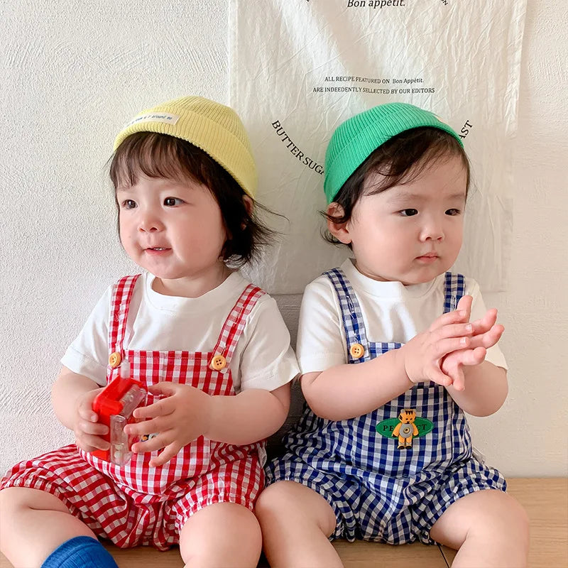 Summer Children's Set Baby's Short Sleeve+Plaid Strap Pants Cute Summer Clothing