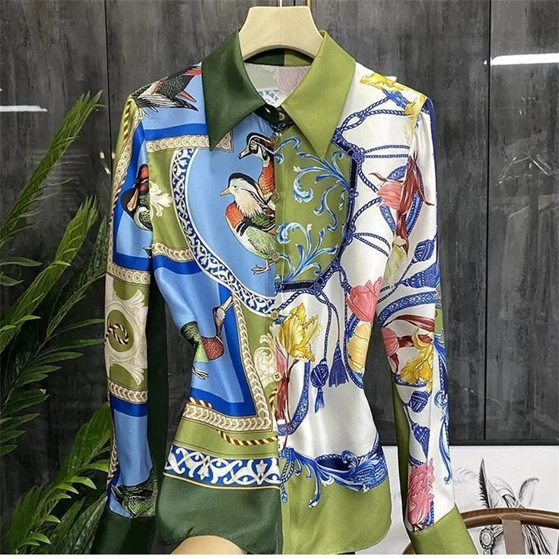 Women Spring Summer Satin blouses Blouses Shirt Lady Casual Long Sleeve Turn-down Collar Print Slim Tops