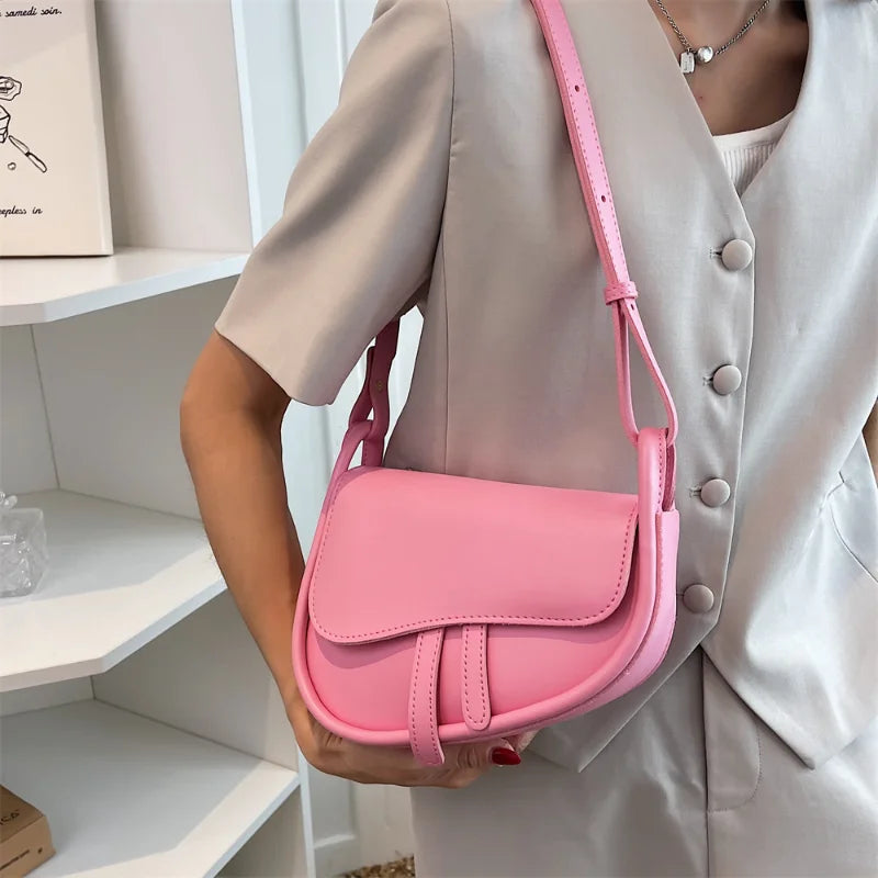 Women Saddle Bag Leather High Quality Handbag Solid Color Luxury Shoulder Bag Lady Casual Exquisite Messenger Bag