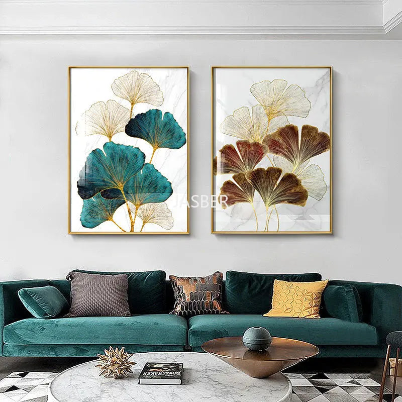 Green Ginkgo Biloba and Abstract Gold Wall Art Canvas Painting Leaf Posters and Living Room Prints Decoration Home Decor Picture