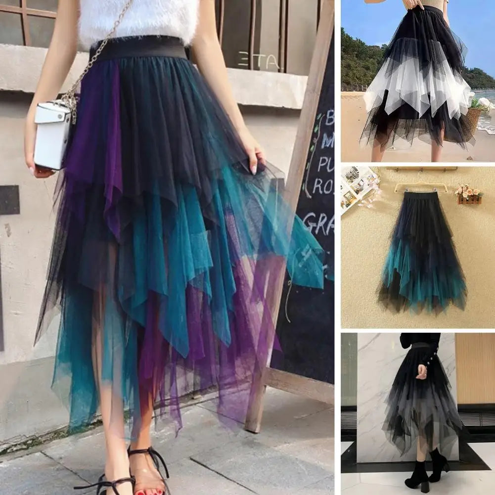 Irregular Gradient Color Skirt Colorful Mesh Multi-layered Midi Skirt with High Elastic Waist for Women Irregular Soft for Women