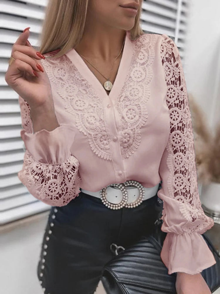 Elegant Women's Blouse Vintage Lace Spliced Long Sleeve Pink Button Up Woman Shirt Tops  Casual Ladies Blouses Top