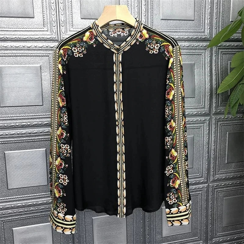 Women Spring Summer Satin blouses Blouses Shirt Lady Casual Long Sleeve Turn-down Collar Print Slim Tops