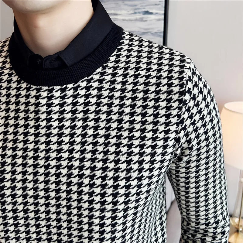 Men Winter Thermal Knitting Sweater/Male Slim Fit High Quality Shirt Collar Fake two Piece Pullover Sweatres