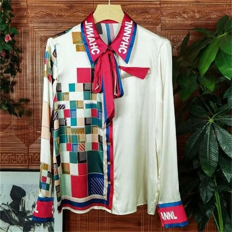 Women Spring Summer Satin blouses Blouses Shirt Lady Casual Long Sleeve Turn-down Collar Print Slim Tops