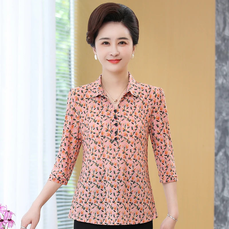 Women's Elegant Blouses Summer Casual Floral Women Shirts Turn-down Collar Long Sleeve Vintage Blouse Female Top