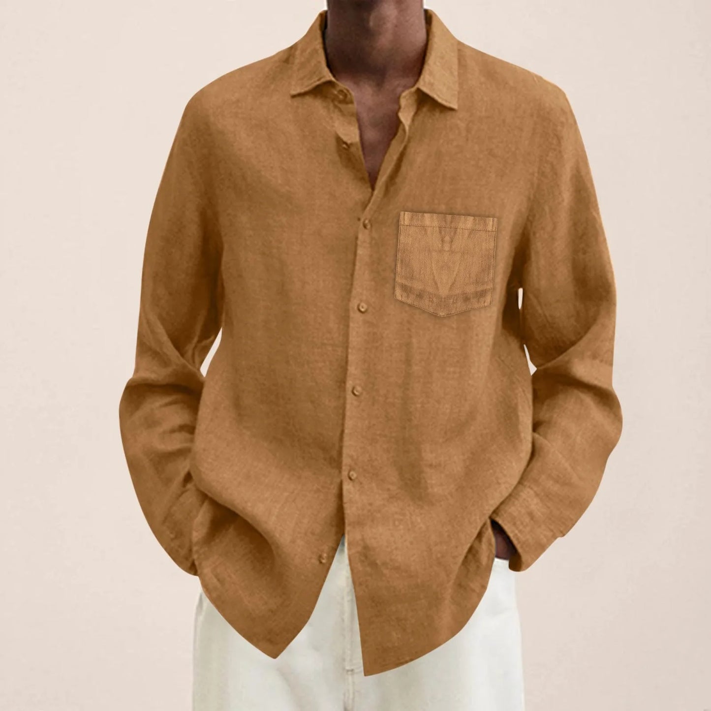 Men's Casual Cotton Linen Shirt Turn Down Collar Solid Long Sleeve Loose Top Spring and Autumn Handsome Fashion Shirts