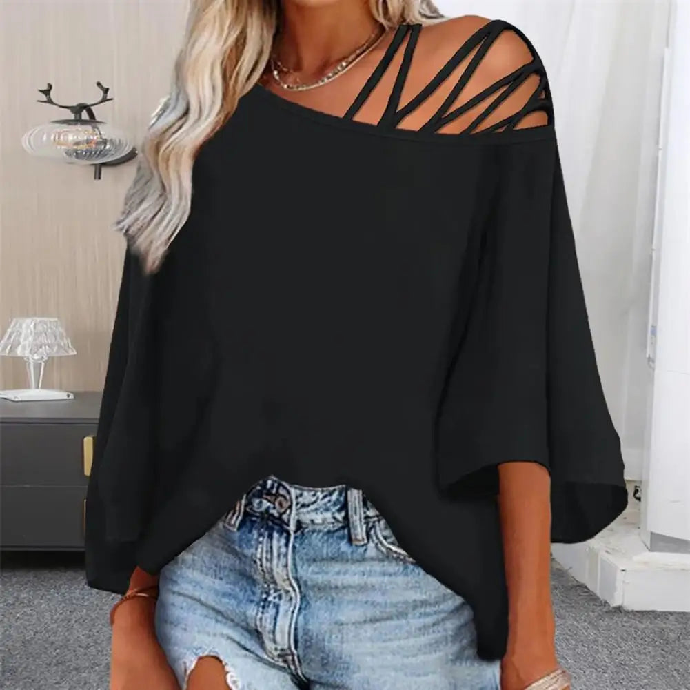 Soft Women Blouse Soft Breathable Women's T-shirt Hollow Out One Shoulder Oblique Neck Solid Color Letter Print Loose Fit Three